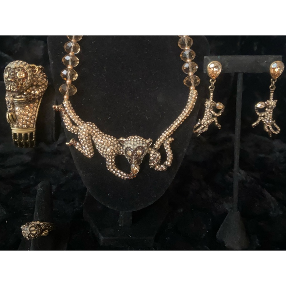 Heidi Daus Gold and Brown Monkey Necklace, earrings, bracelet, and ring